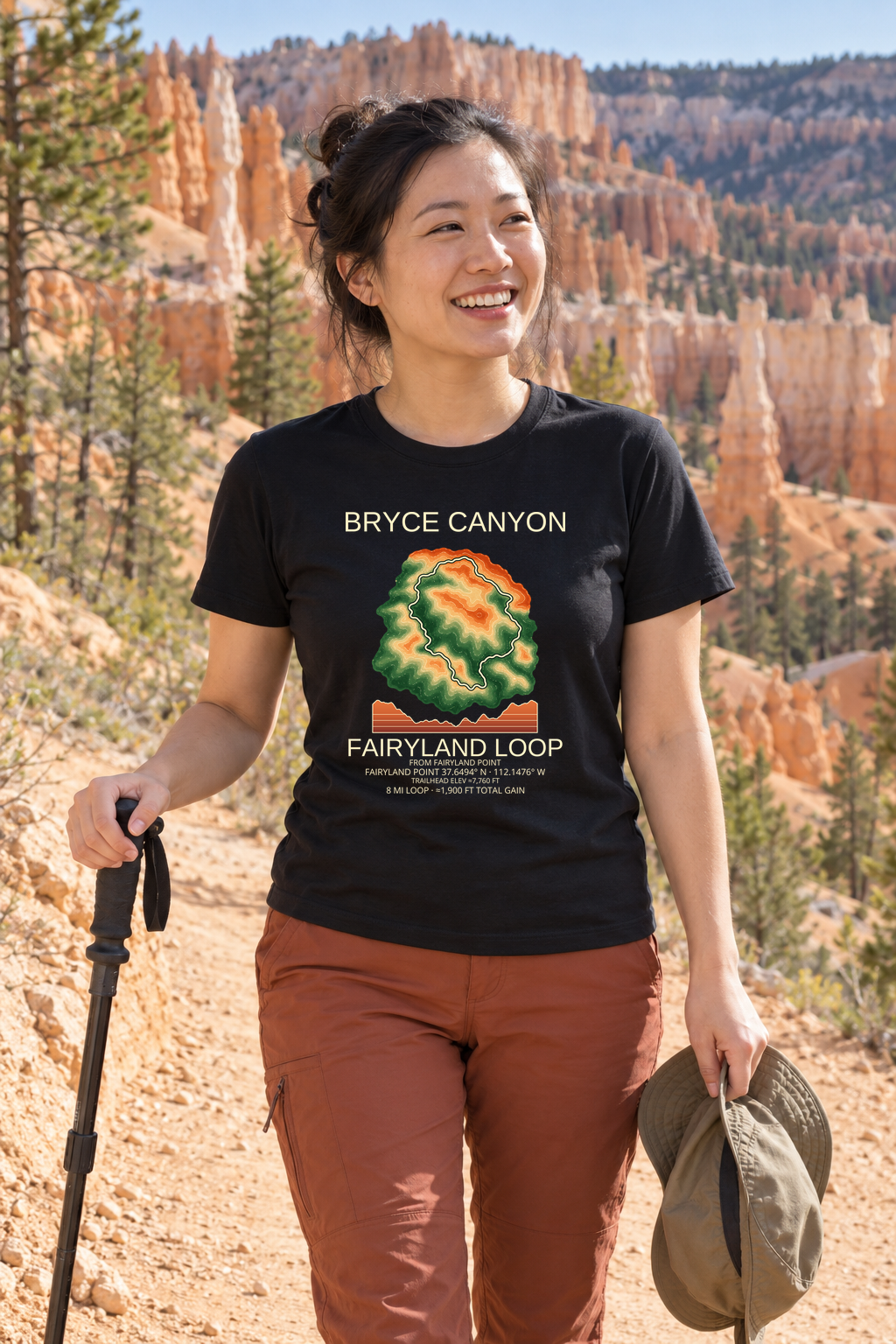 Illustrative lifestyle mockup of Fairyland Loop Hiking T-Shirt | Bryce Canyon on a black shirt in a generated outdoor scene.