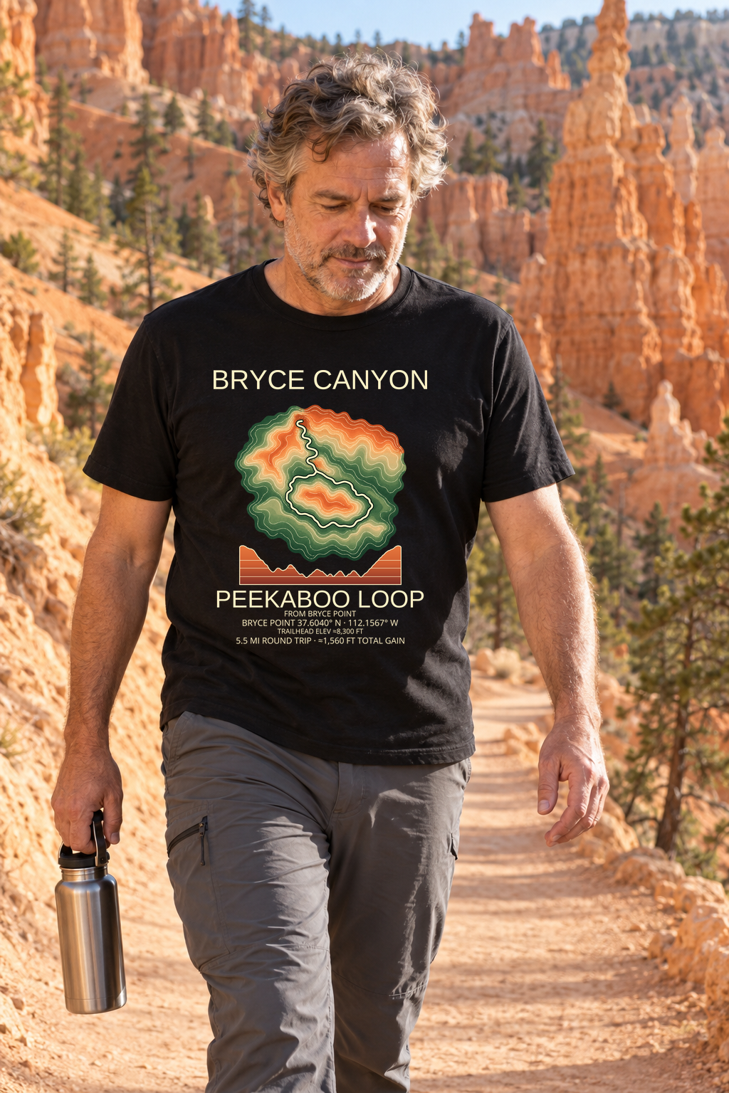 Illustrative lifestyle mockup of the Peekaboo Loop Hiking T-Shirt | Bryce Canyon on a black shirt in a generated outdoor scene.