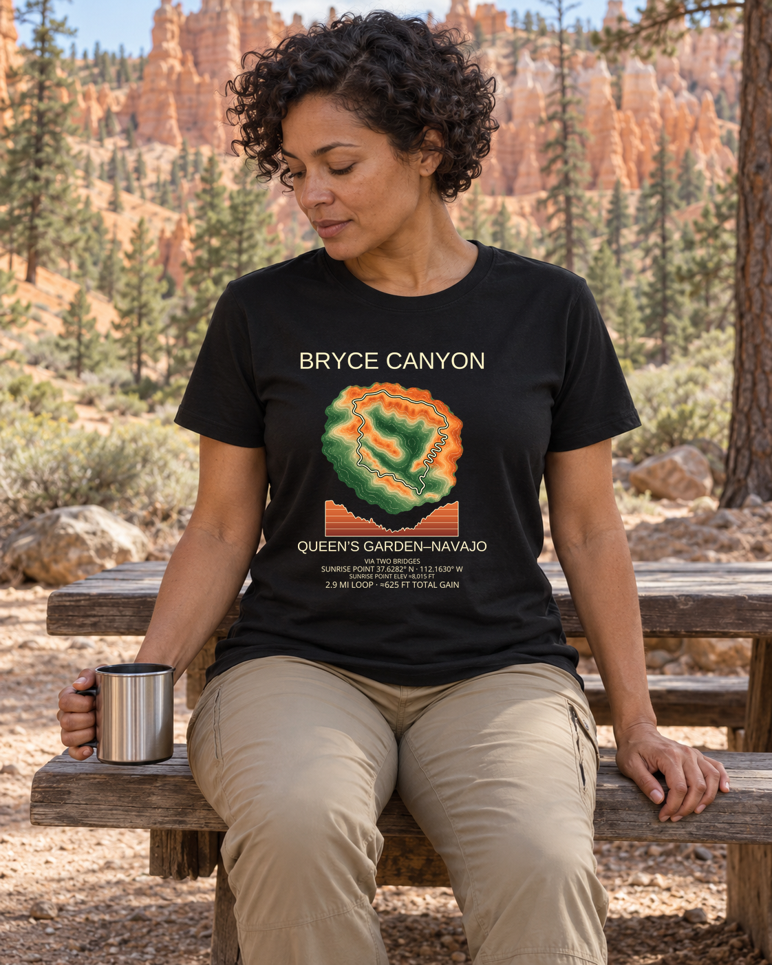 Illustrative lifestyle mockup of Queens Garden & Navajo Loop Hiking T-Shirt | Bryce Canyon on a black shirt in a generated outdoor scene.