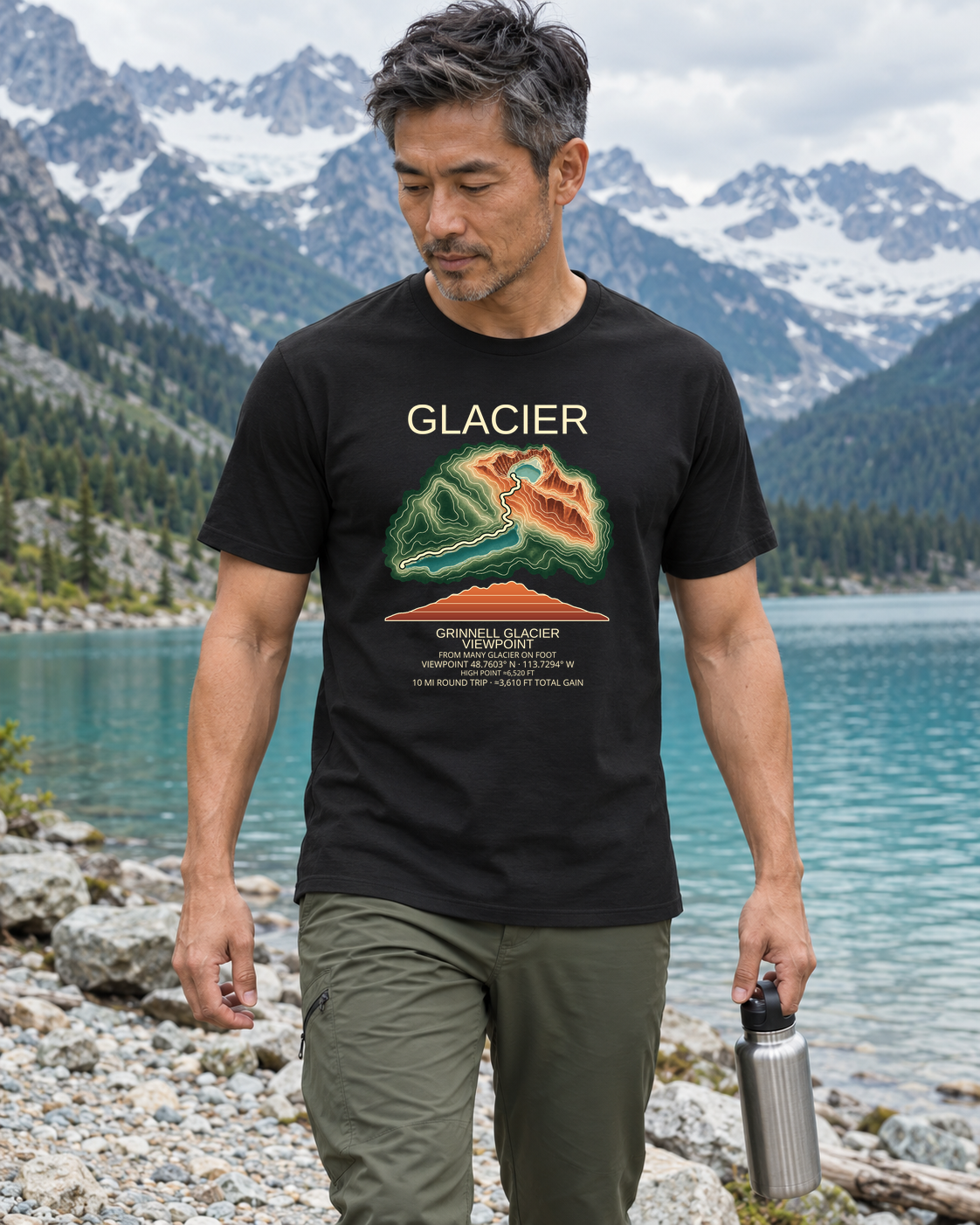 Illustrative lifestyle mockup of Grinnell Glacier Viewpoint Hiking T-Shirt | Glacier on a black shirt in a generated outdoor scene.