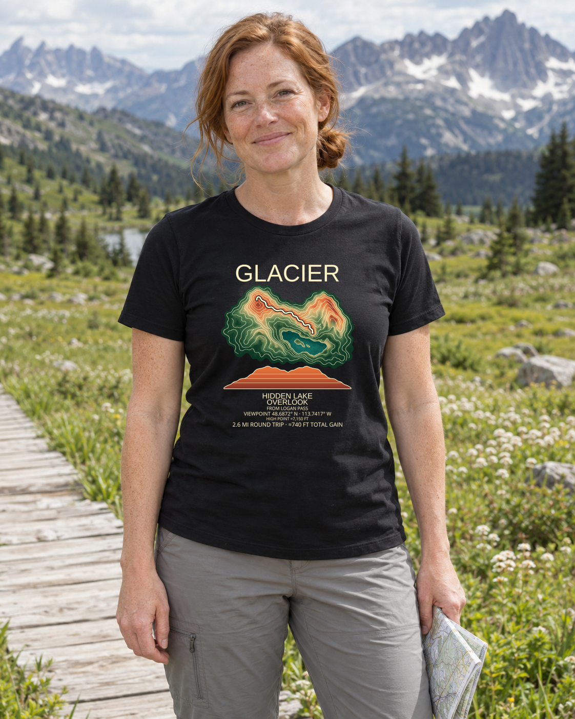 Illustrative lifestyle mockup of Hidden Lake Overlook Hiking T-Shirt | Glacier on a black shirt in a generated outdoor scene.