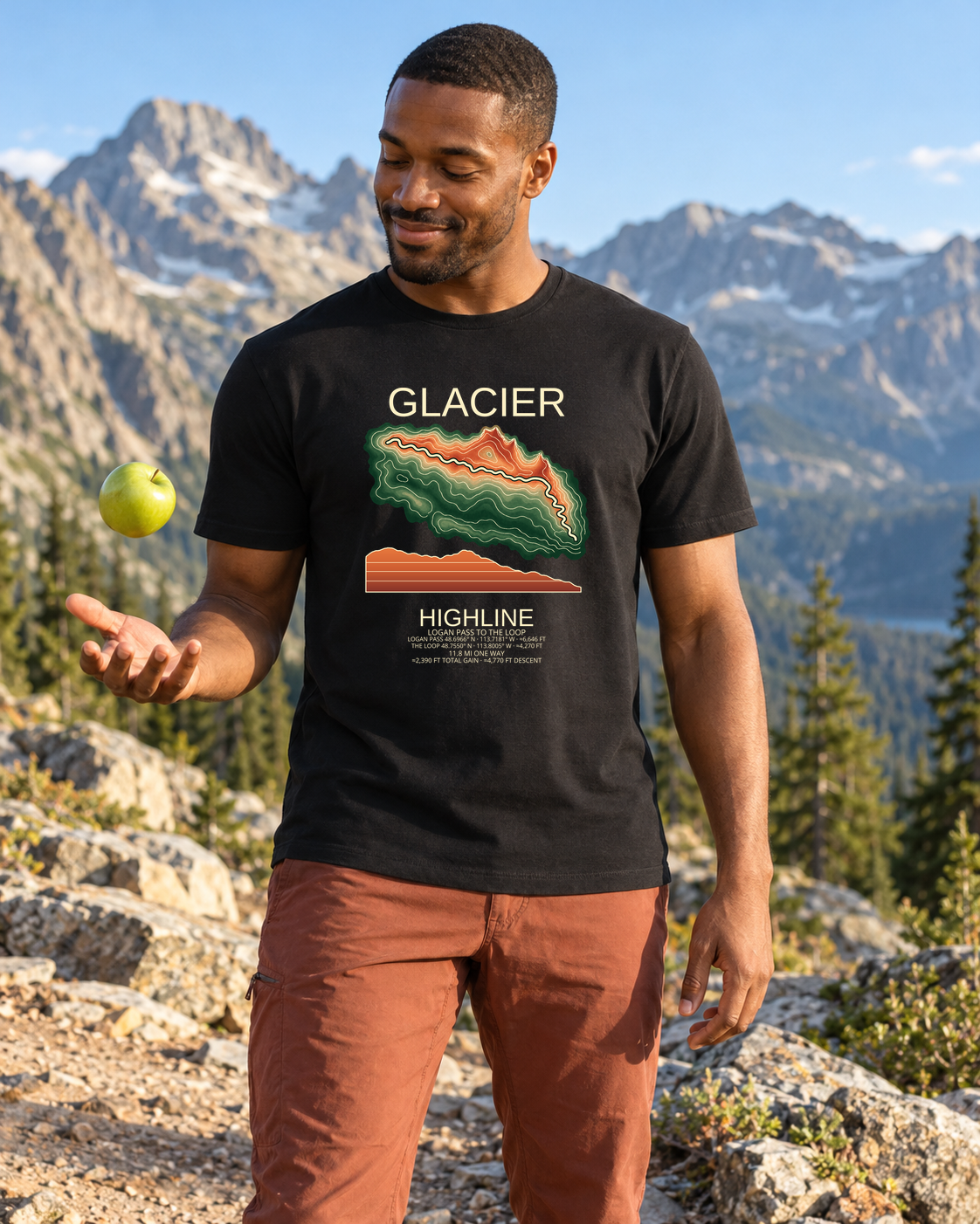 Illustrative lifestyle mockup of Highline Hiking T-Shirt | Glacier on a black shirt in a generated outdoor scene.