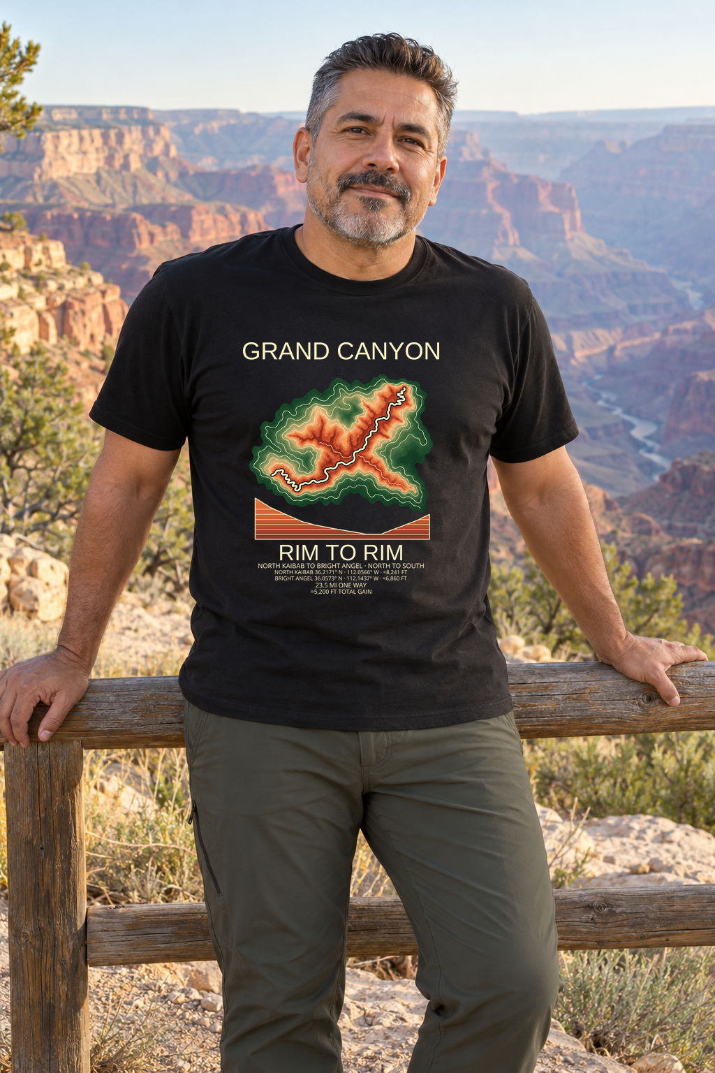 Illustrative lifestyle mockup of Rim to Rim Hiking T-Shirt | Grand Canyon on a black shirt in a generated outdoor scene.