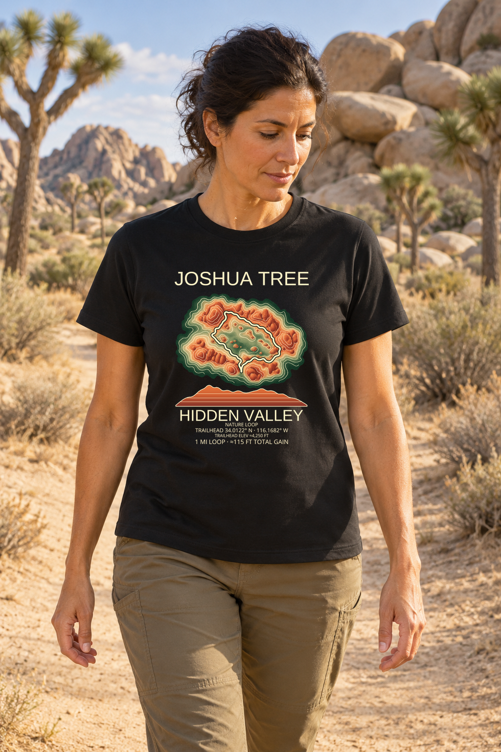 Illustrative lifestyle mockup of Hidden Valley Hiking T-Shirt | Joshua Tree on a black shirt in a generated outdoor scene.
