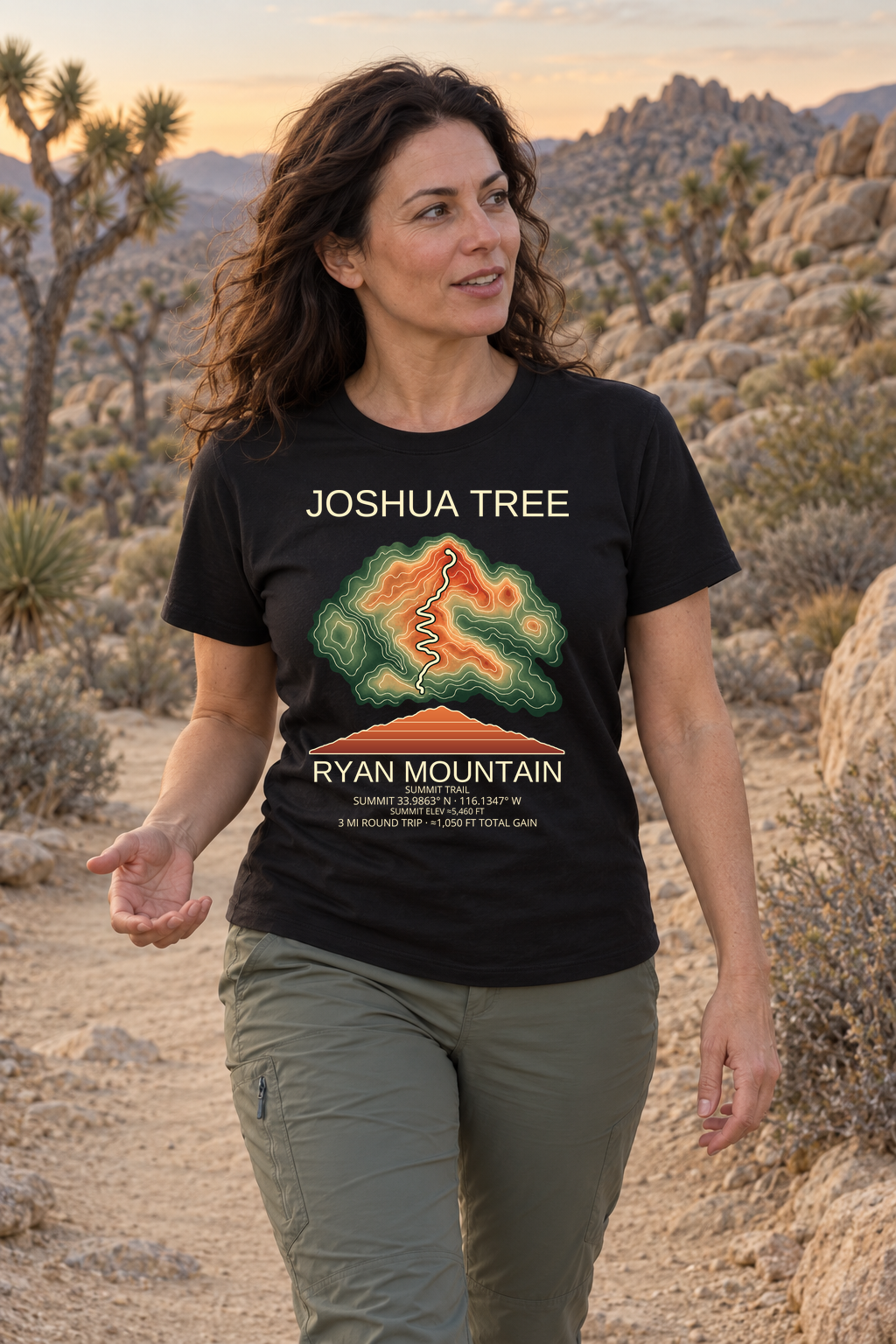 Illustrative lifestyle mockup of the Ryan Mountain Hiking T-Shirt | Joshua Tree on a black shirt in a generated outdoor scene.