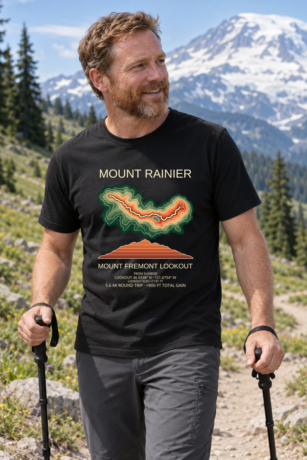 Illustrative lifestyle mockup of Mount Fremont Lookout Hiking T-Shirt | Mount Rainier on a black shirt in a generated outdoor scene.