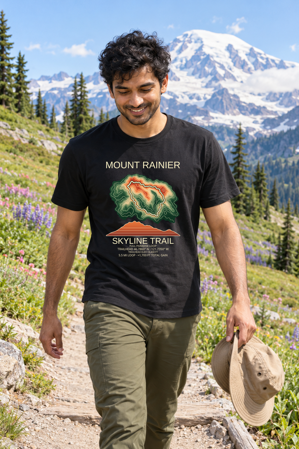 Illustrative lifestyle mockup of Skyline Trail Hiking T-Shirt | Mount Rainier on a black shirt in a generated outdoor scene.