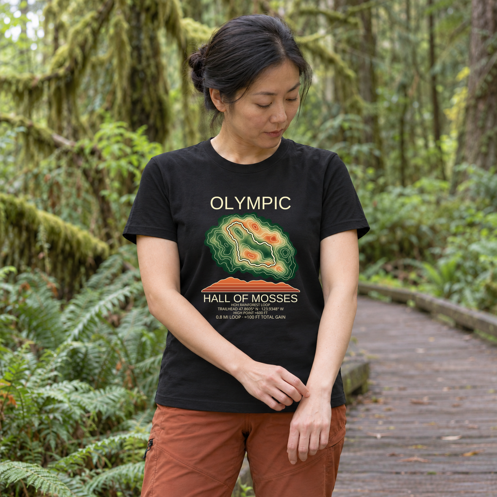 Illustrative lifestyle mockup of Hall of Mosses Hiking T-Shirt | Olympic on a black shirt in a generated outdoor scene.