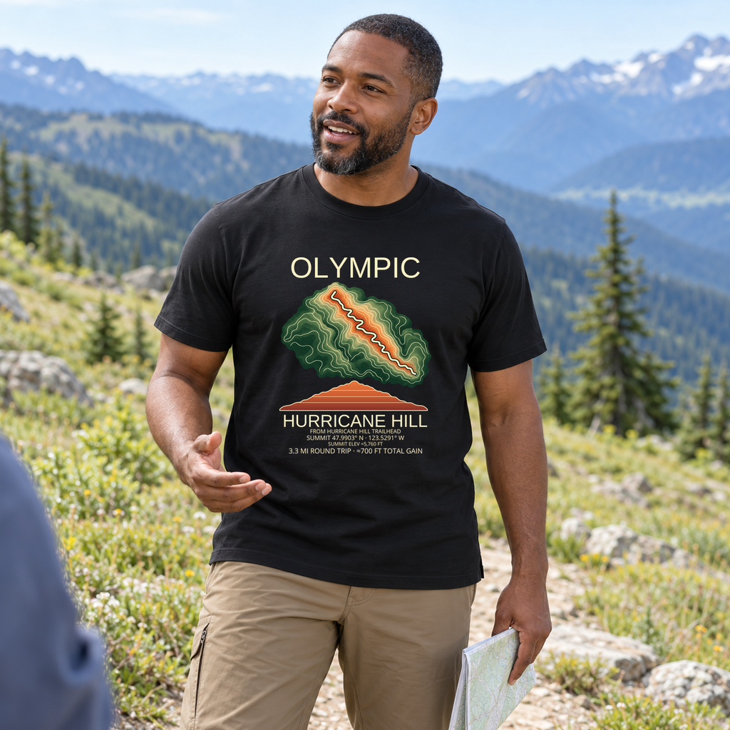 Illustrative lifestyle mockup of Hurricane Hill Hiking T-Shirt | Olympic on a black shirt in a generated outdoor scene.