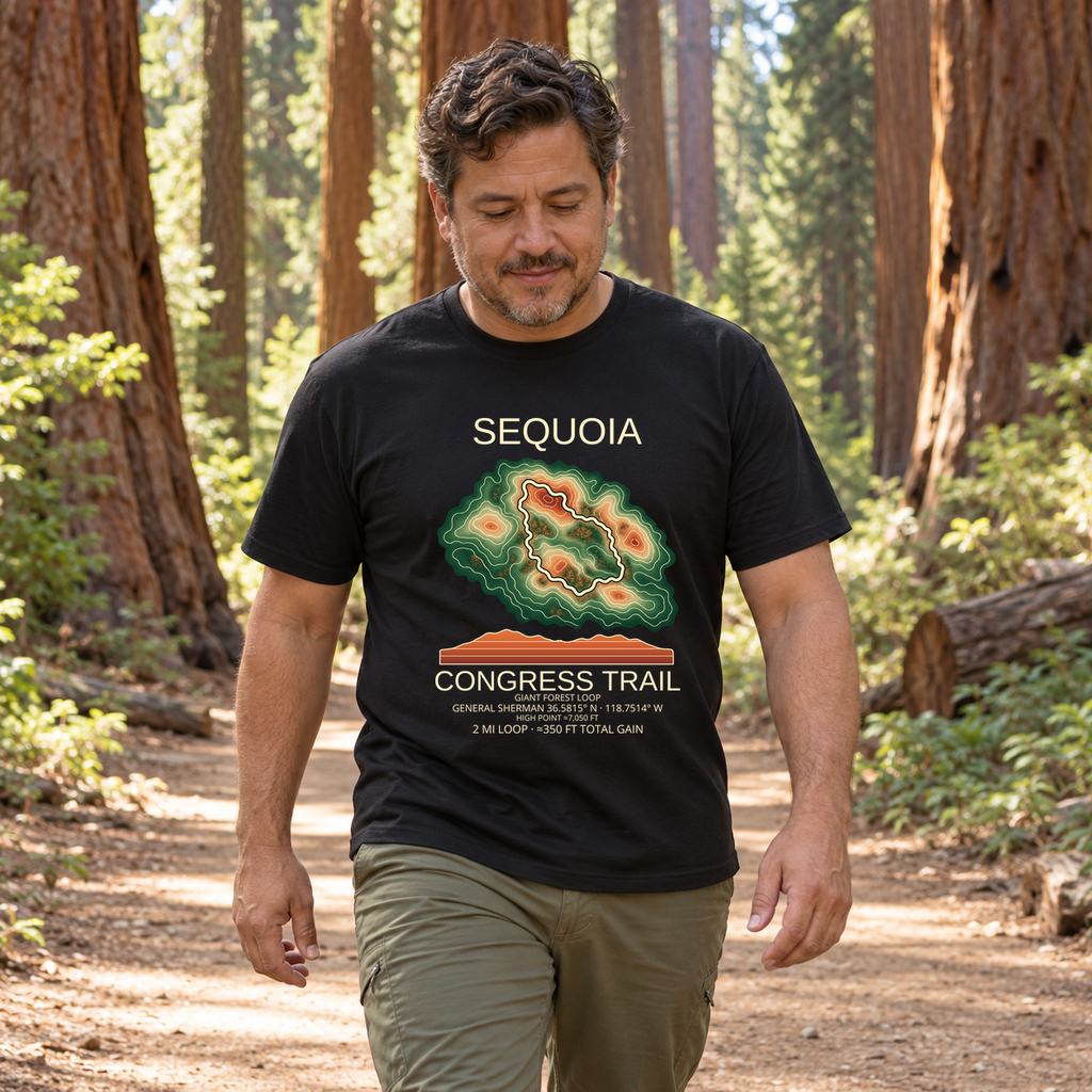 Illustrative lifestyle mockup of Congress Trail Hiking T-Shirt | Sequoia on a black shirt in a generated outdoor scene.