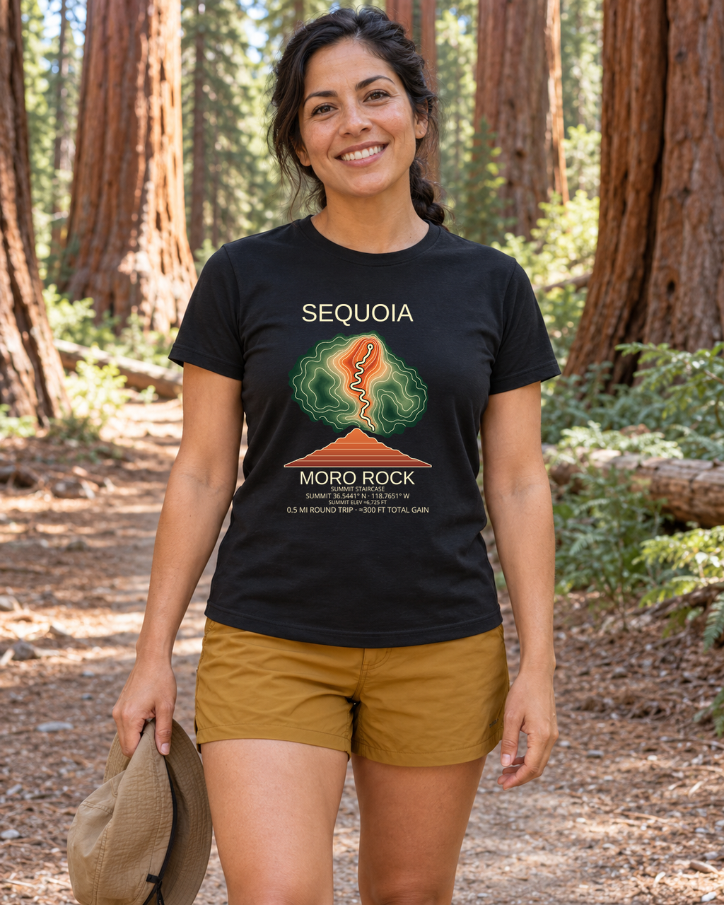 Illustrative lifestyle mockup of Moro Rock Hiking T-Shirt | Sequoia on a black shirt in a generated outdoor scene.