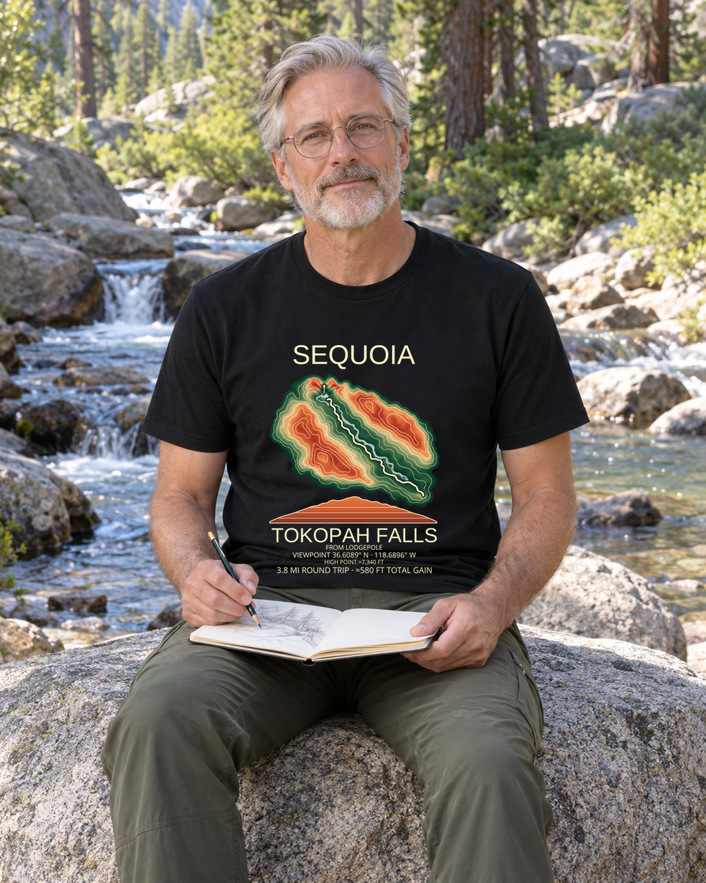 Illustrative lifestyle mockup of Tokopah Falls Hiking T-Shirt | Sequoia on a black shirt in a generated outdoor scene.