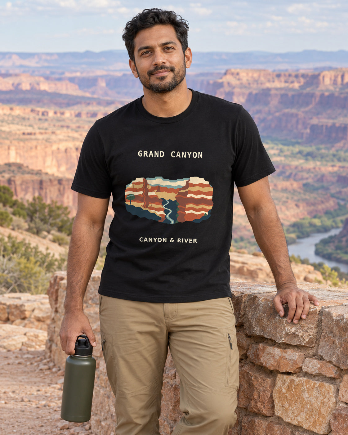 Illustrative lifestyle mockup of the Grand Canyon Canyon & River T-shirt on a black shirt in a generated outdoor scene.