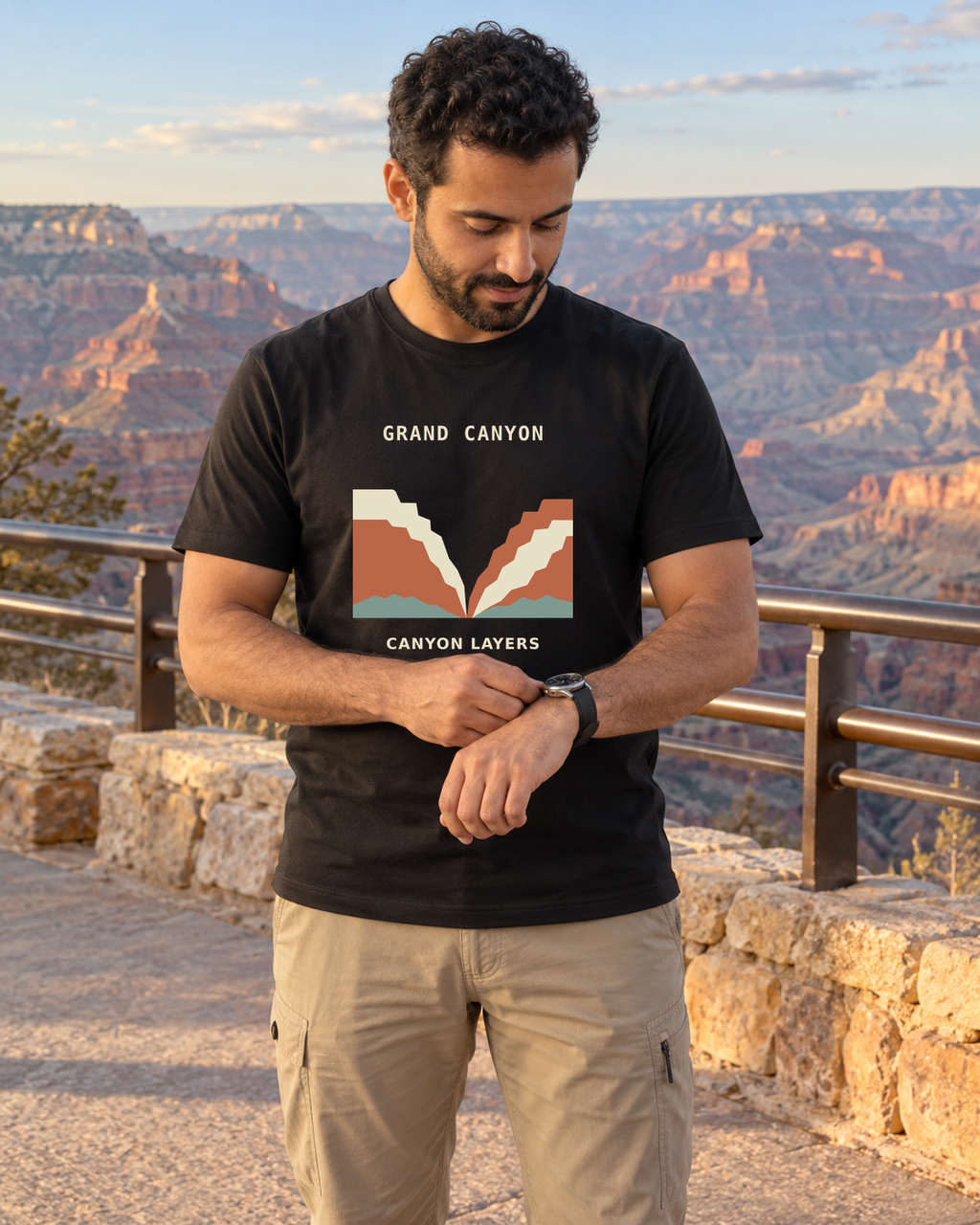Illustrative lifestyle mockup of Grand Canyon Layers National Park T-Shirt on a black shirt in a generated outdoor scene.