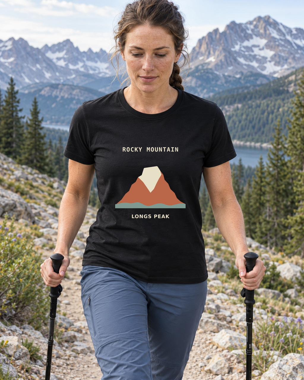 Illustrative lifestyle mockup of Longs Peak Mountain Graphic T-Shirt | Rocky Mountain on a black shirt in a generated outdoor scene.