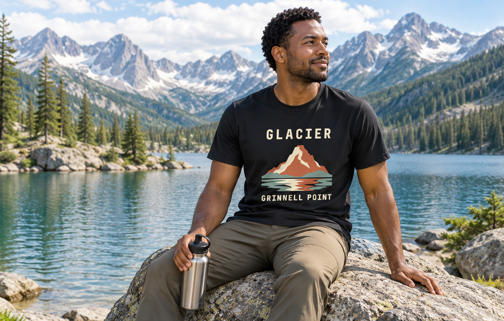 Illustrative lifestyle mockup of the Grinnell Point Mountain T-Shirt | Glacier National Park on a black shirt in a generated outdoor scene.