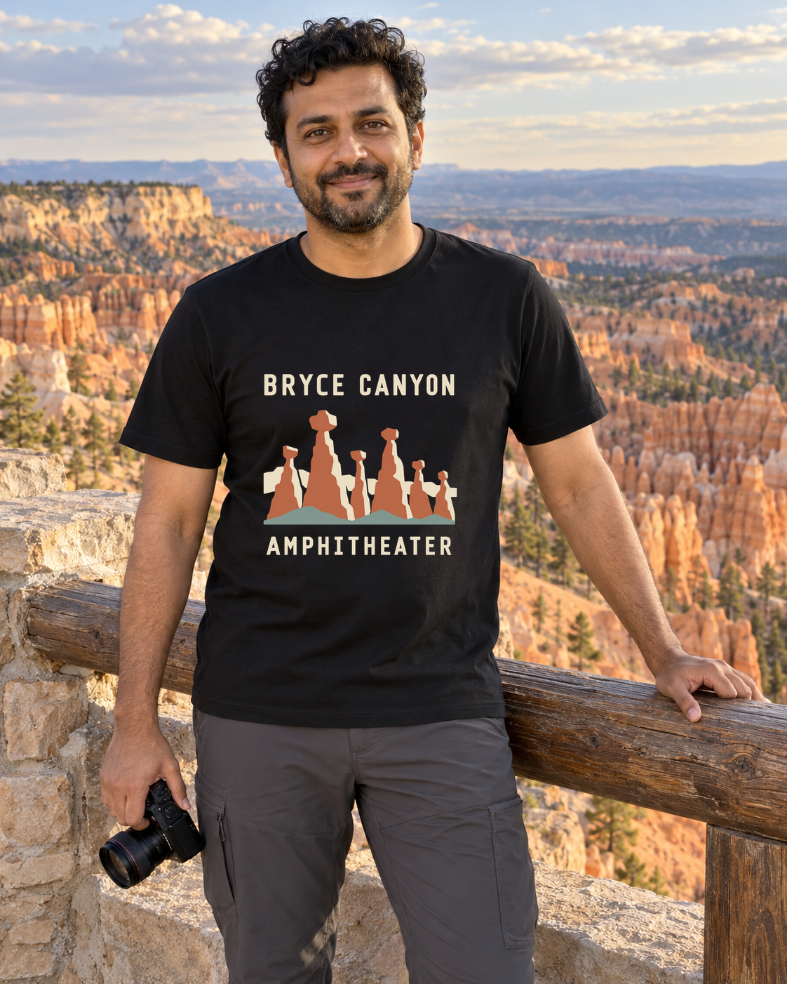 Illustrative lifestyle mockup of Bryce Canyon Amphitheater National Park T-Shirt on a black shirt in a generated outdoor scene.