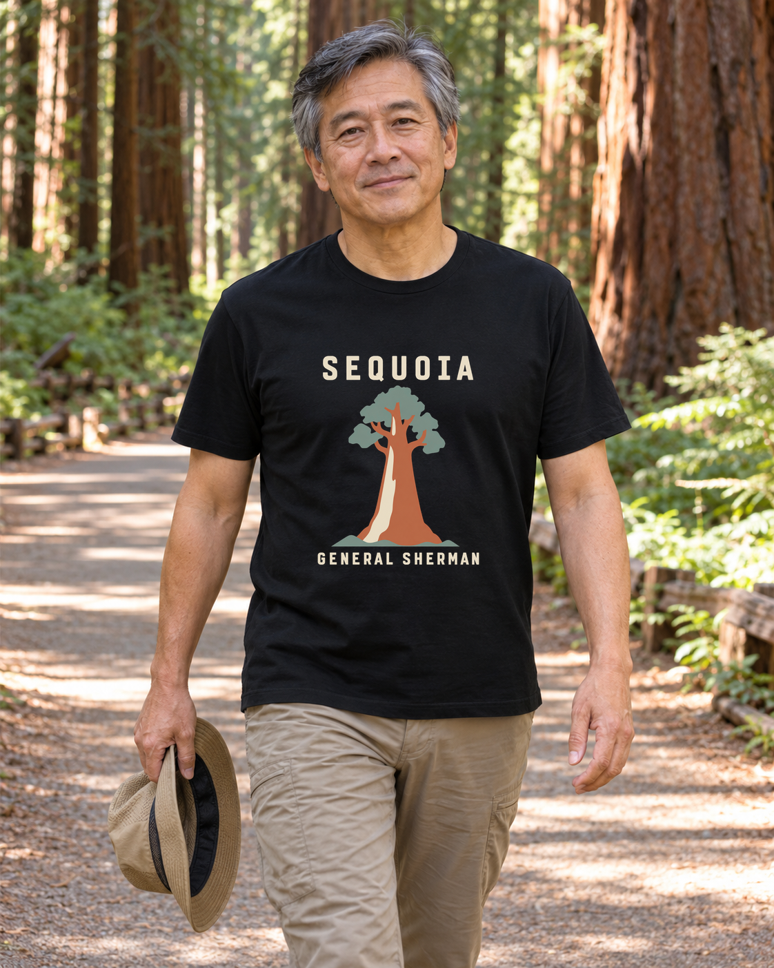 Illustrative lifestyle mockup of General Sherman Tree T-Shirt | Sequoia National Park on a black shirt in a generated outdoor scene.