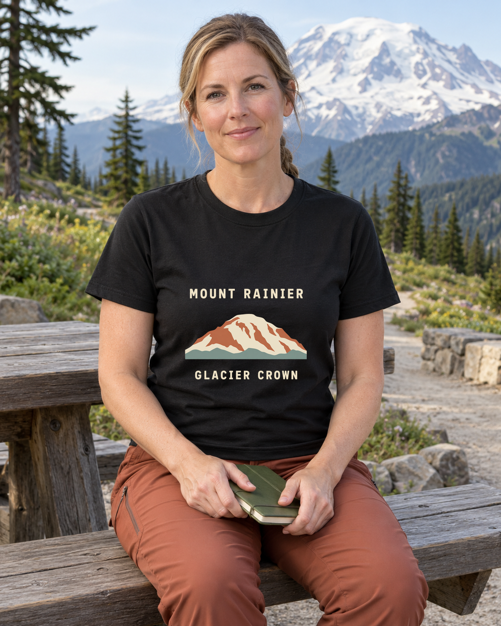 Illustrative lifestyle mockup of Mount Rainier Glacier Crown National Park T-Shirt on a black shirt in a generated outdoor scene.