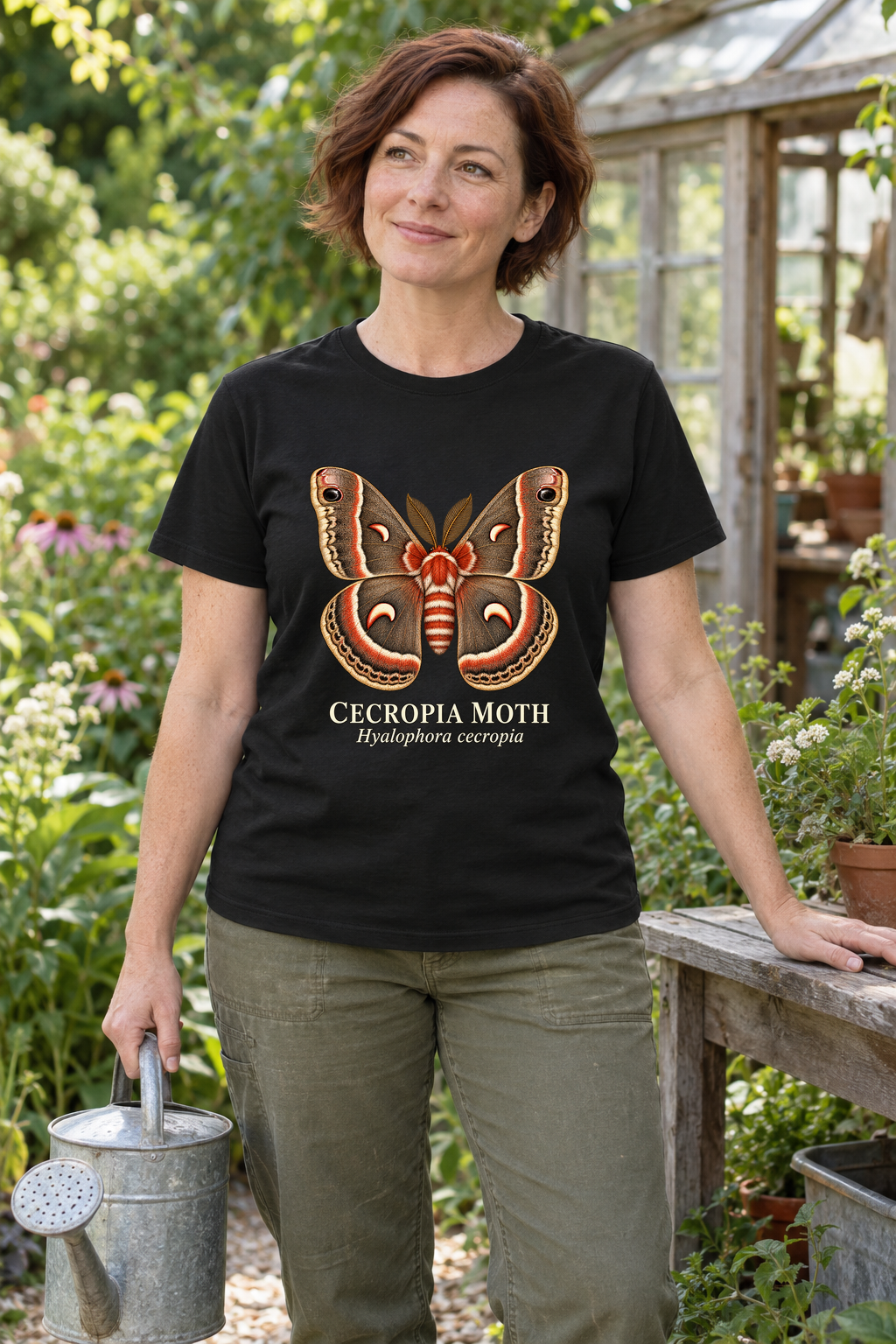 Illustrative lifestyle mockup of Cecropia Moth Natural History T-Shirt | Hyalophora cecropia on a black shirt in a generated outdoor scene.