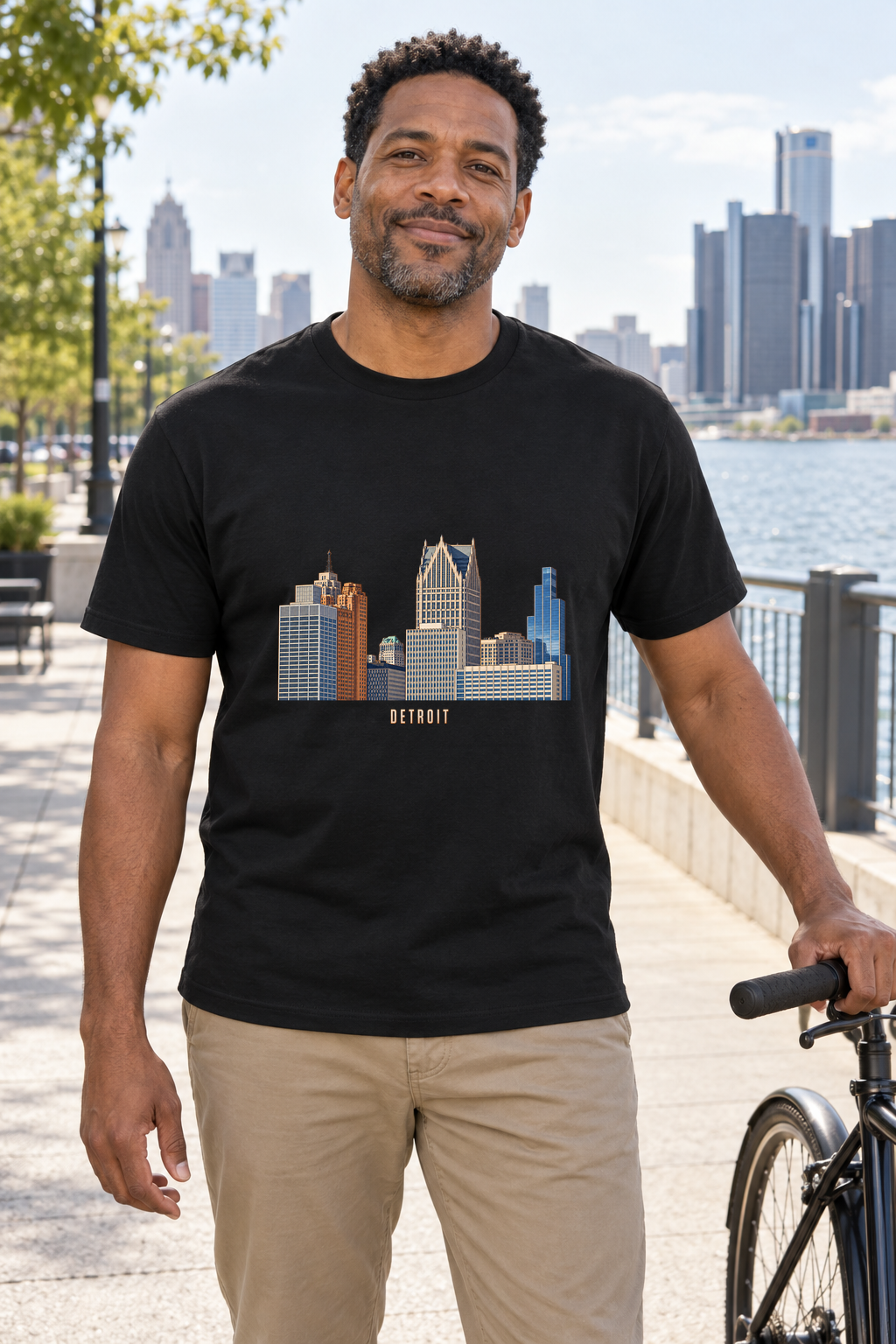 Illustrative lifestyle mockup of Detroit Skyline Architectural Graphic T-Shirt on a black shirt in a generated outdoor scene.