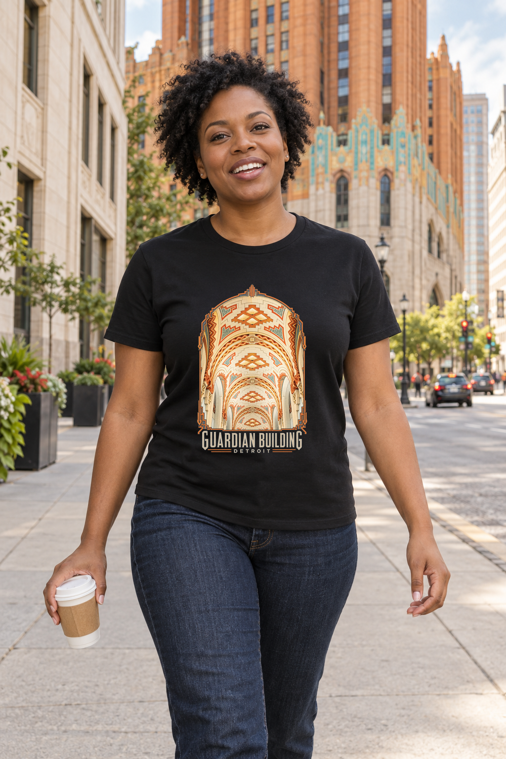 Illustrative lifestyle mockup of Guardian Building Detroit Architectural T-Shirt on a black shirt in a generated outdoor scene.