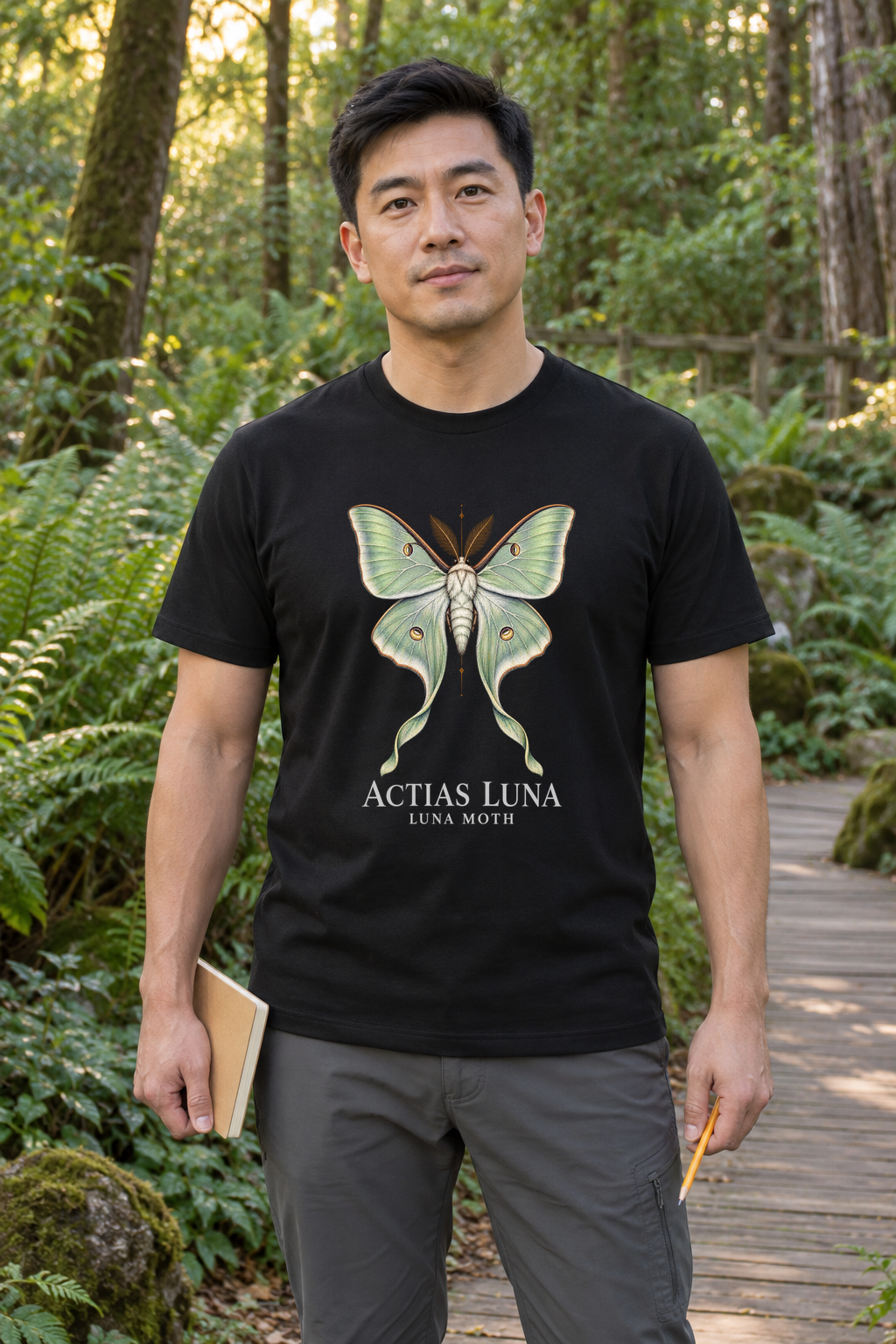 Illustrative lifestyle mockup of Luna Moth Natural History T-Shirt | Actias luna on a black shirt in a generated outdoor scene.