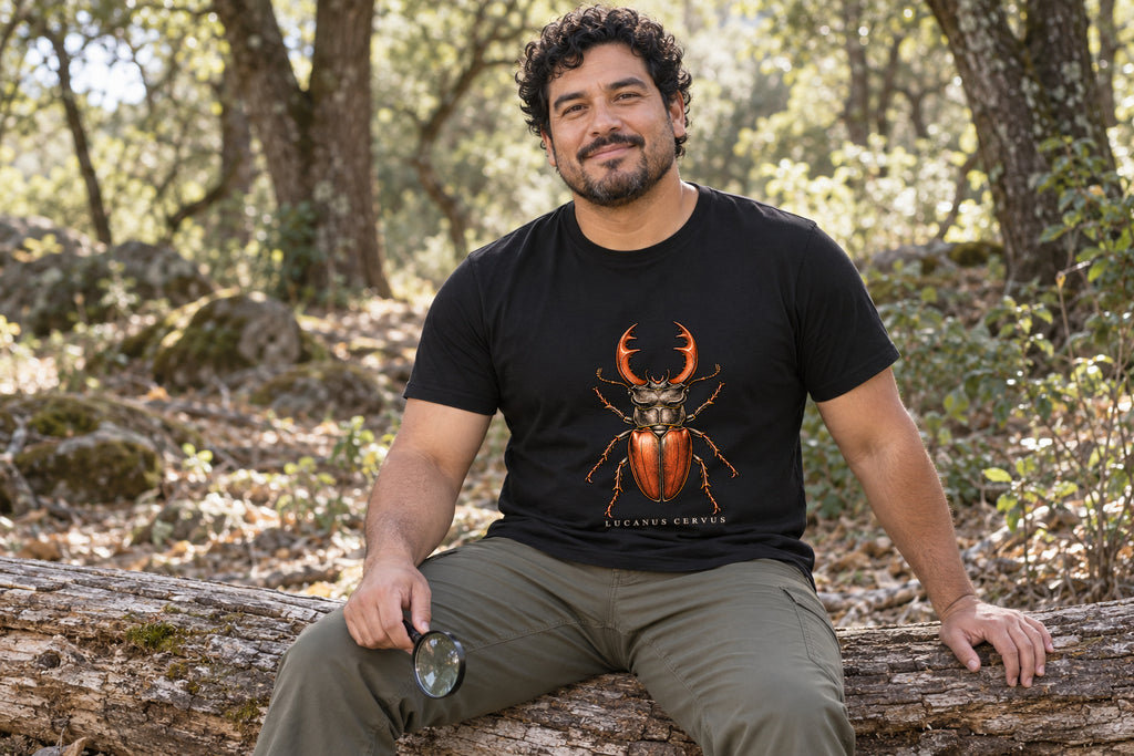 Illustrative lifestyle mockup of the Stag Beetle Natural History T-Shirt on a black shirt in a generated scene.