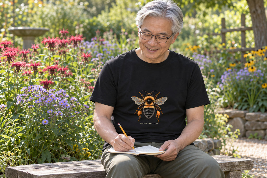 Illustrative lifestyle mockup of the Common Eastern Bumblebee T-Shirt on a black shirt in a generated scene.