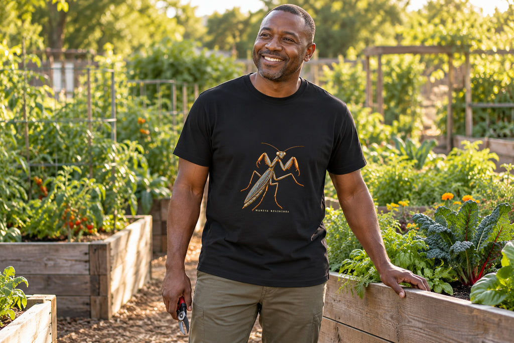 Illustrative lifestyle mockup of the Praying Mantis Natural History T-Shirt on a black shirt in a generated scene.