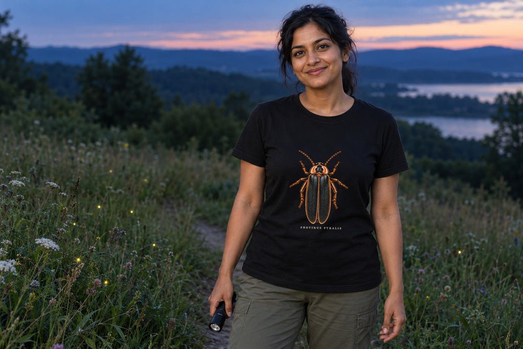 Illustrative lifestyle mockup of the Big Dipper Firefly Natural History T-Shirt on a black shirt in a generated scene.