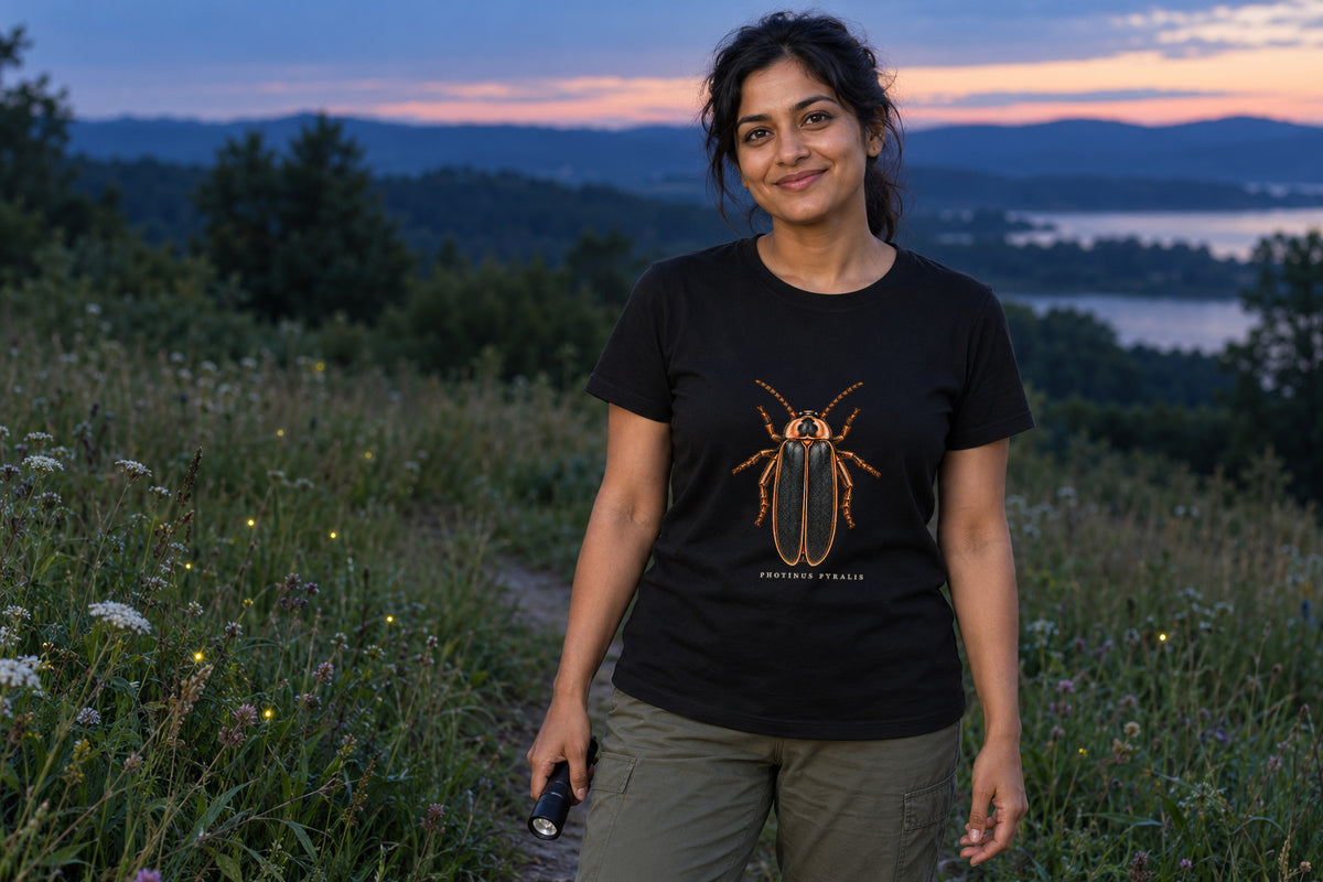 Illustrative lifestyle mockup of the Big Dipper Firefly Natural History T-Shirt on a black shirt in a generated scene.