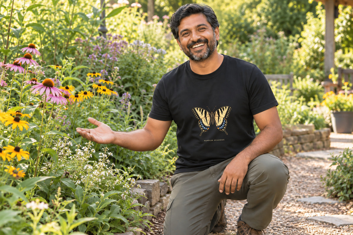 Illustrative lifestyle mockup of the Eastern Tiger Swallowtail Butterfly T-Shirt on a black shirt in a generated scene.