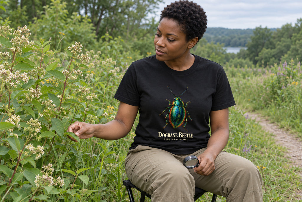 Illustrative lifestyle mockup of the Dogbane Beetle Natural History T-Shirt on a black shirt in a generated scene.