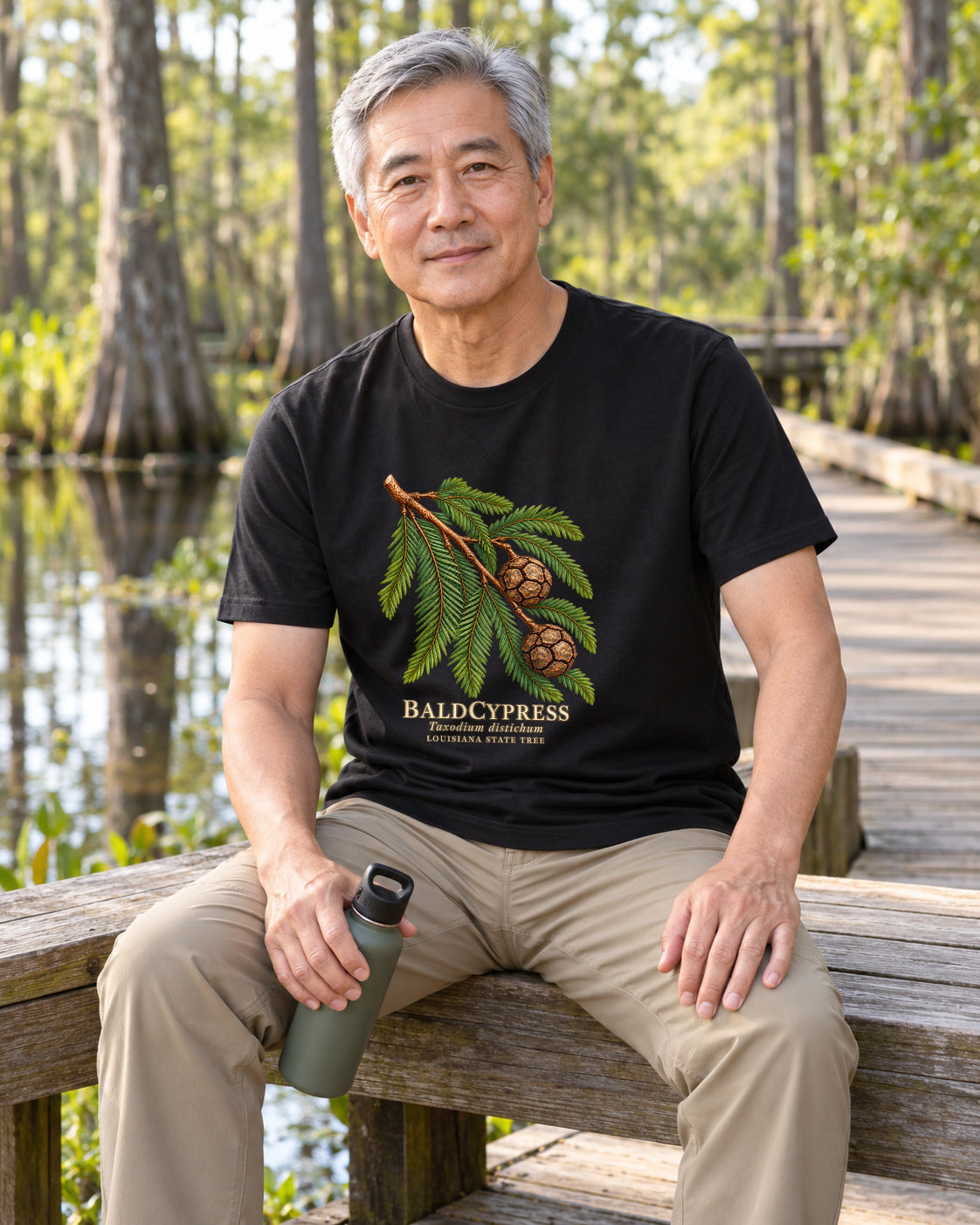 Illustrative lifestyle mockup of the Baldcypress Louisiana State Tree T-Shirt on a black shirt in a generated scene.