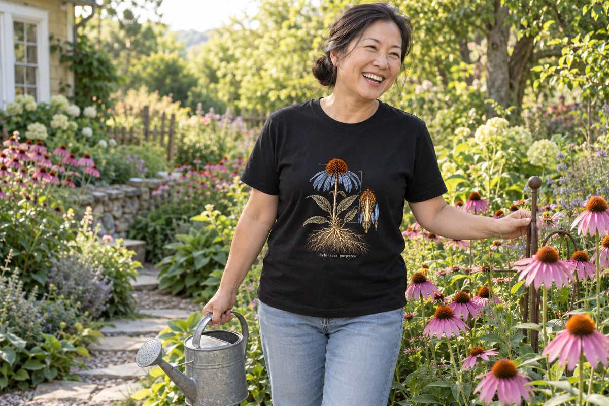Illustrative lifestyle mockup of the Purple Coneflower Botanical Study T-Shirt on a black shirt in a generated scene.