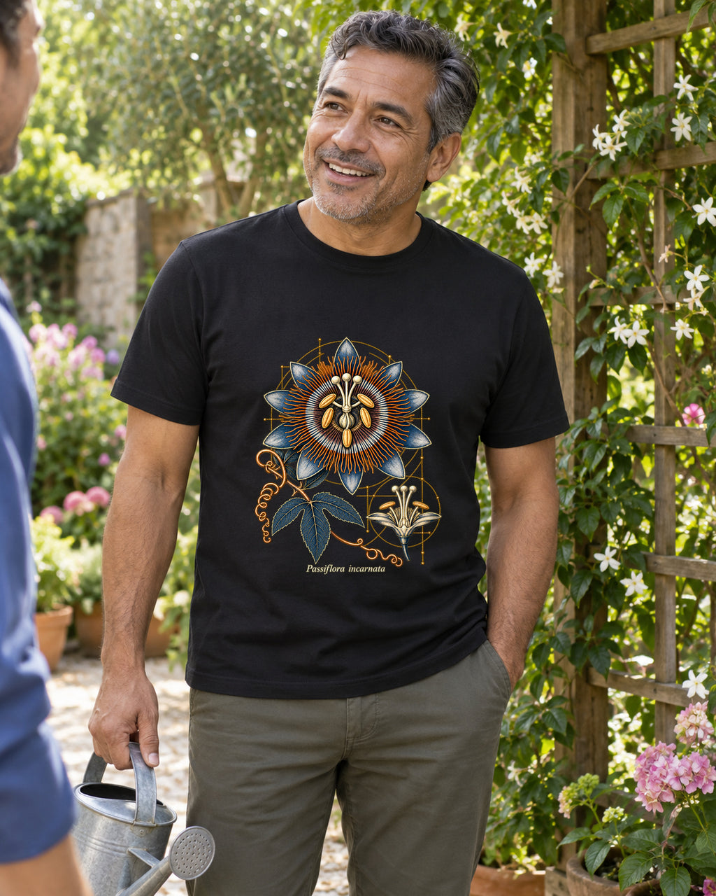 Illustrative lifestyle mockup of the Passionflower Botanical Study T-Shirt on a black shirt in a generated scene.