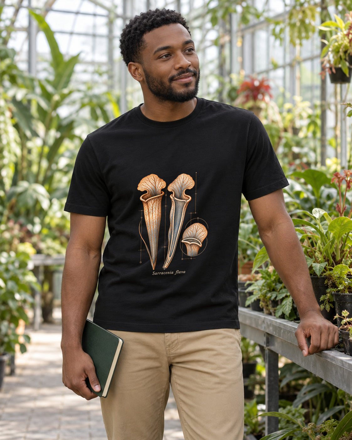 Illustrative lifestyle mockup of the Yellow Pitcher Plant Botanical T-Shirt on a black shirt in a generated scene.