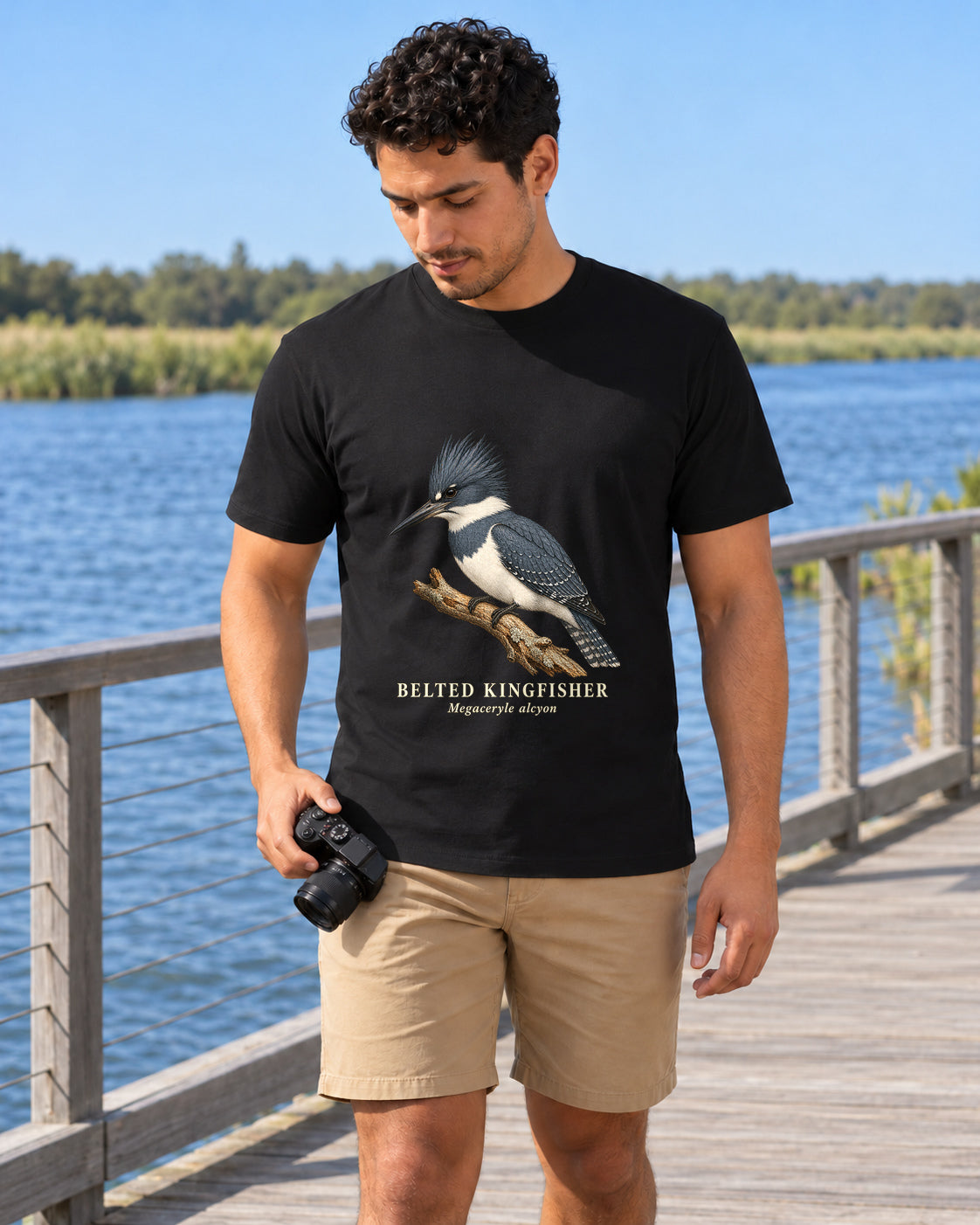 Illustrative lifestyle mockup of the Belted Kingfisher Birdwatching T-Shirt on a black shirt in a generated scene.