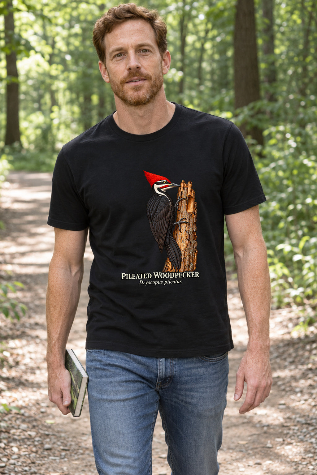 Illustrative lifestyle mockup of the Pileated Woodpecker Birdwatching T-Shirt on a black shirt in a generated scene.