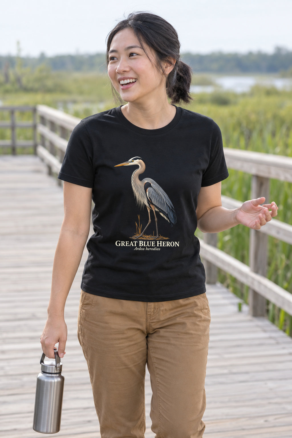 Illustrative lifestyle mockup of the Great Blue Heron Birdwatching T-Shirt on a black shirt in a generated scene.