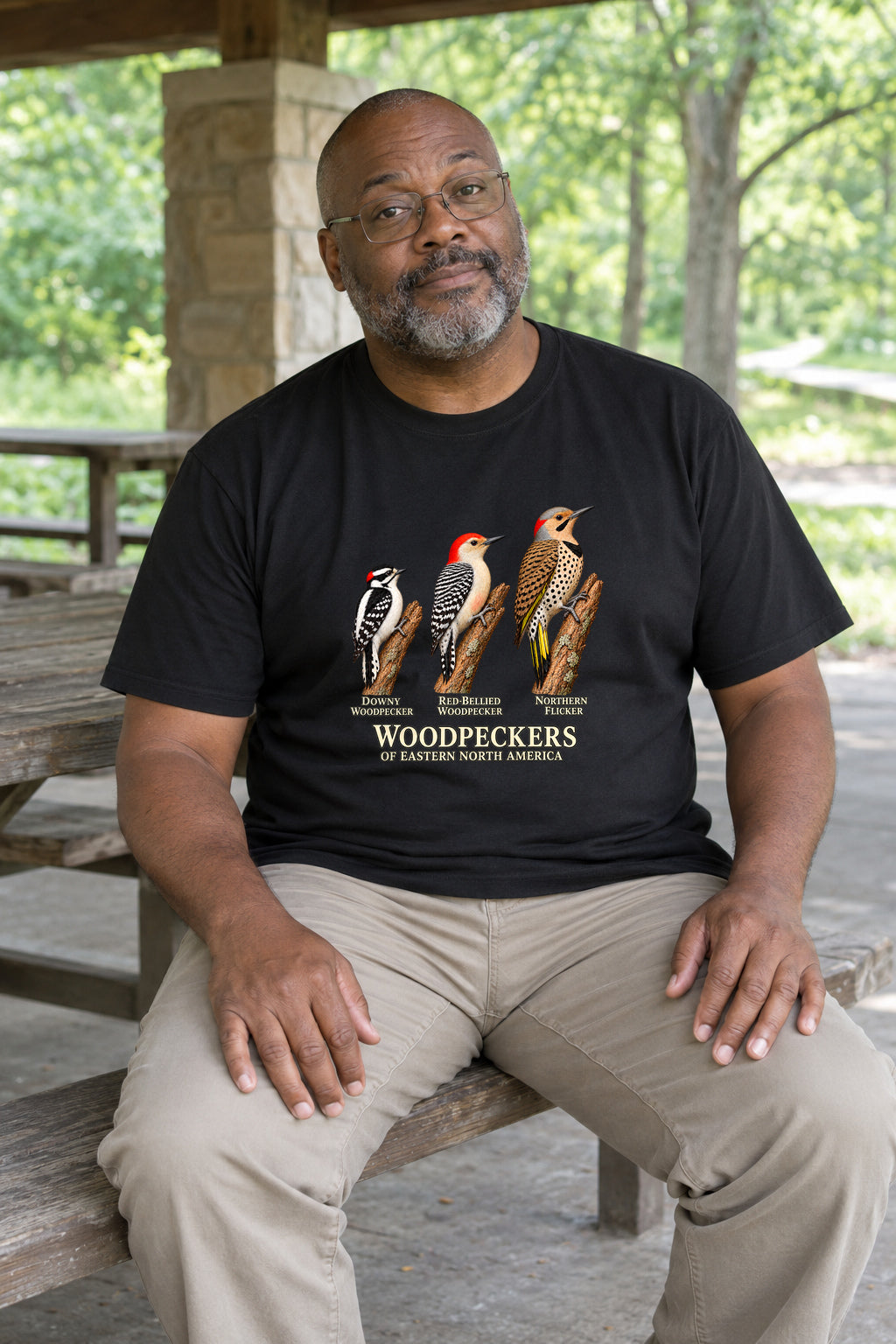 Illustrative lifestyle mockup of the Eastern Woodpeckers Natural History T-Shirt on a black shirt in a generated scene.