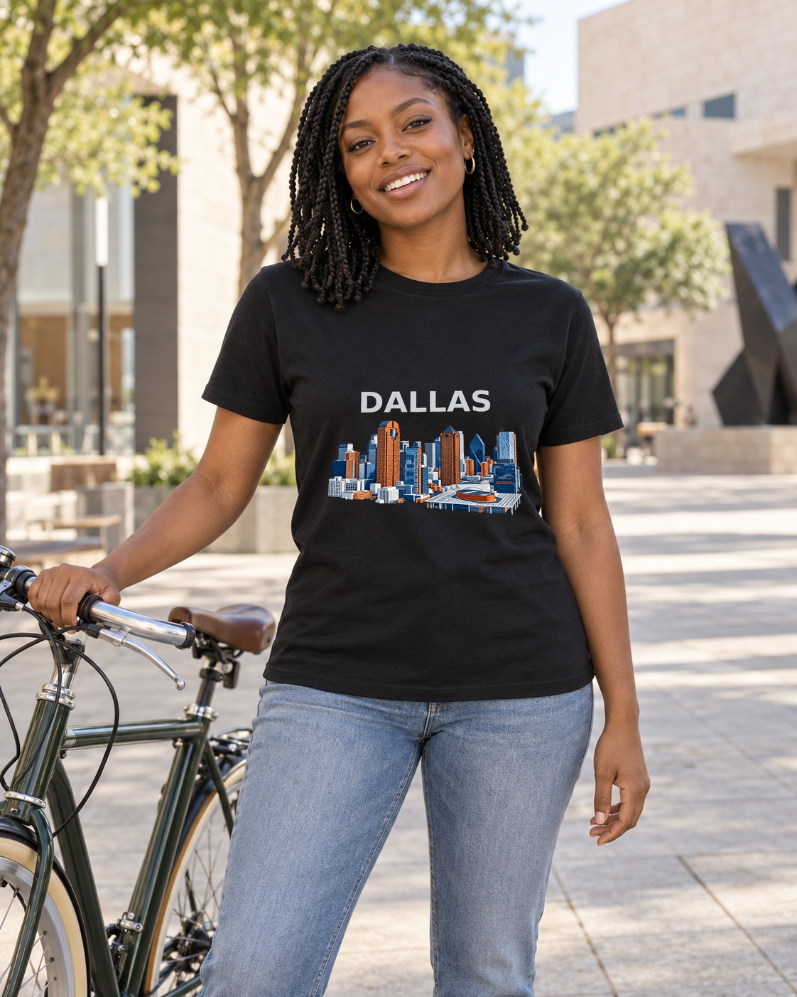 Illustrative lifestyle mockup of the Dallas Skyline Architecture T-Shirt on a black shirt in a generated scene.