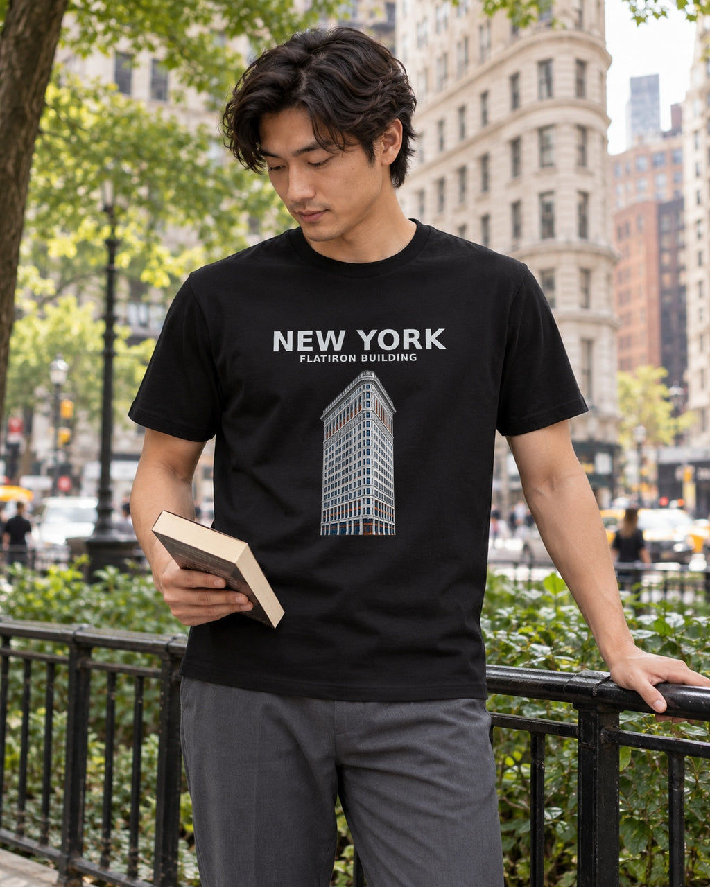 Illustrative lifestyle mockup of the Flatiron Building New York Architecture T-Shirt on a black shirt in a generated scene.