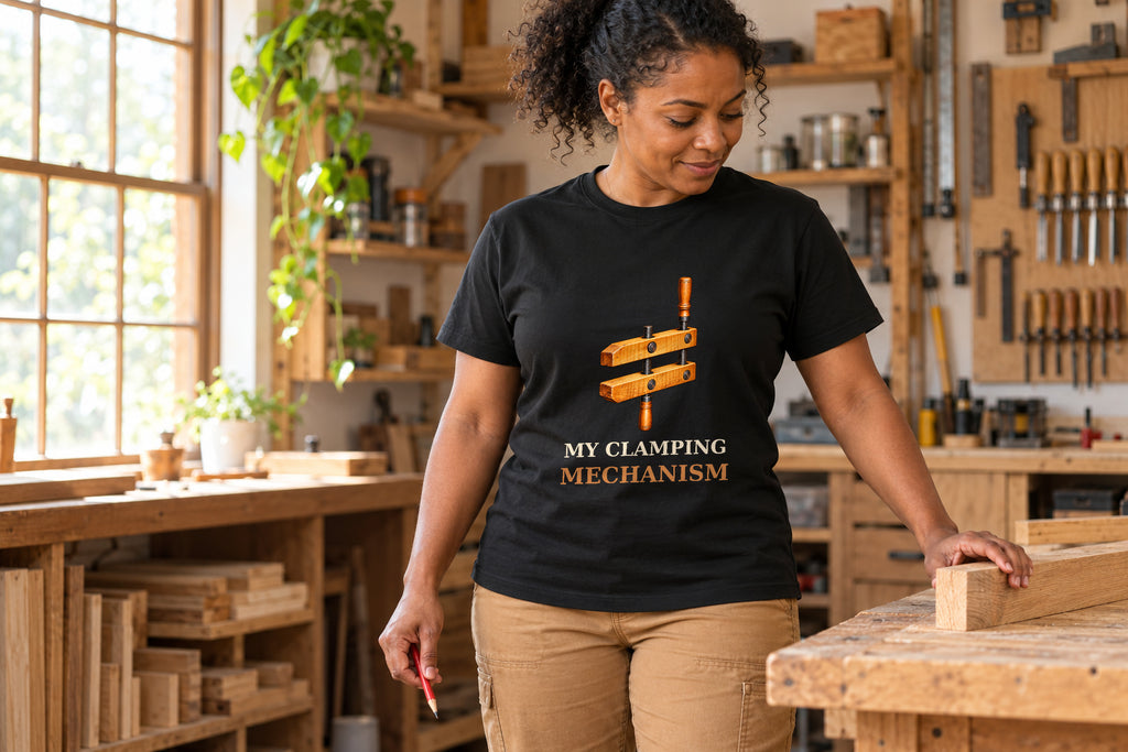 Illustrative lifestyle mockup of the My Clamping Mechanism Woodworking T-Shirt on a black shirt in a generated scene.