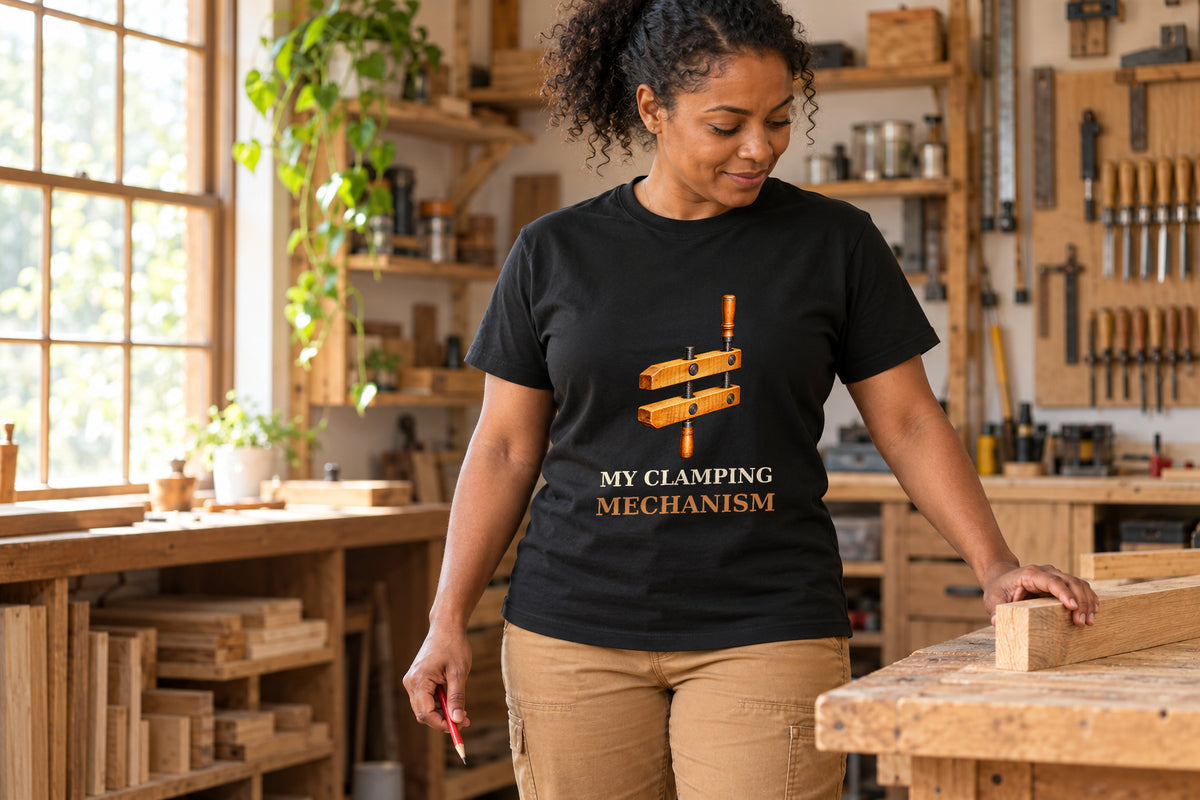 Illustrative lifestyle mockup of the My Clamping Mechanism Woodworking T-Shirt on a black shirt in a generated scene.