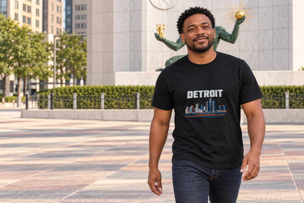 Illustrative lifestyle mockup of the Detroit Skyline Architecture T-Shirt on a black shirt in a generated scene.