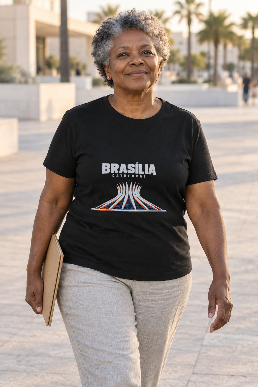 Illustrative lifestyle mockup of the Brasília Cathedral Architecture T-Shirt on a black shirt in a generated scene.