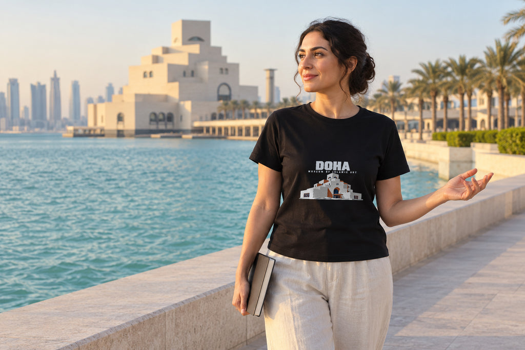 Illustrative lifestyle mockup of the Museum of Islamic Art Doha Architecture T-Shirt on a black shirt in a generated scene.