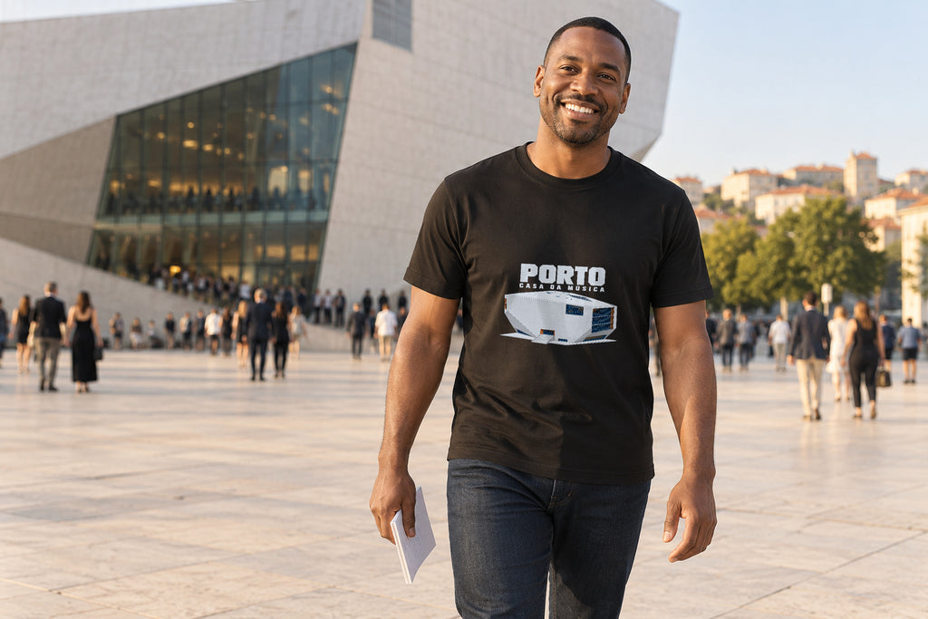 Illustrative lifestyle mockup of the Casa da Música Porto Architecture T-Shirt on a black shirt in a generated scene.